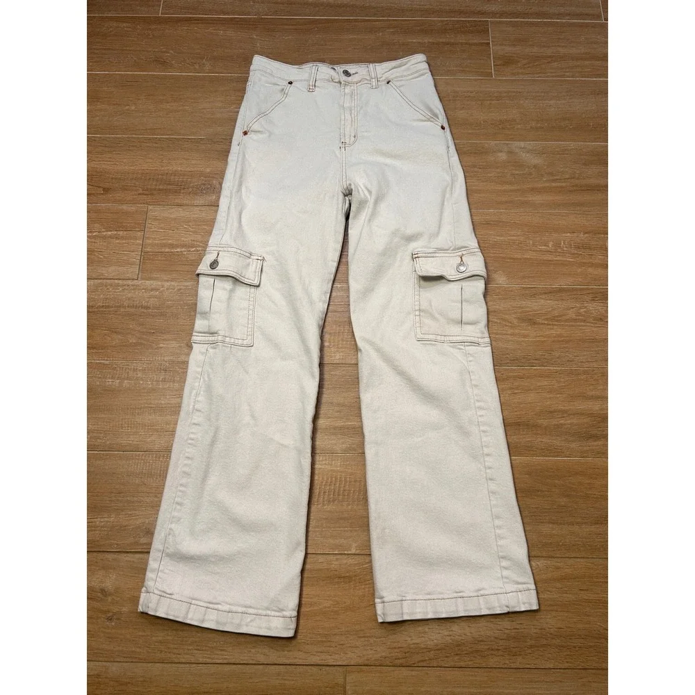 SONG Cargo Street Jean Off White Wide Leg Utility Pants Womens 9/29 Cream Denim‎